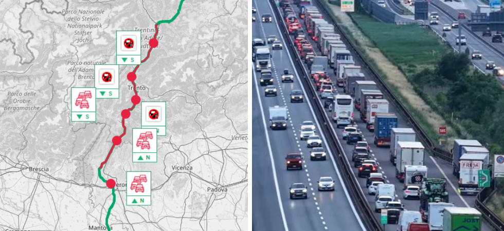 Tamponamento in A22, tre auto coinvolte e traffico in tilt: 6 chilometri di code in autostrada