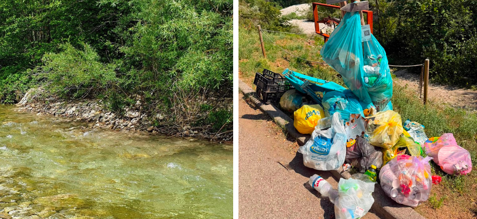 Montagne di rifiuti raccolti dalle spiagge lungo il torrente e dai sentieri turistici