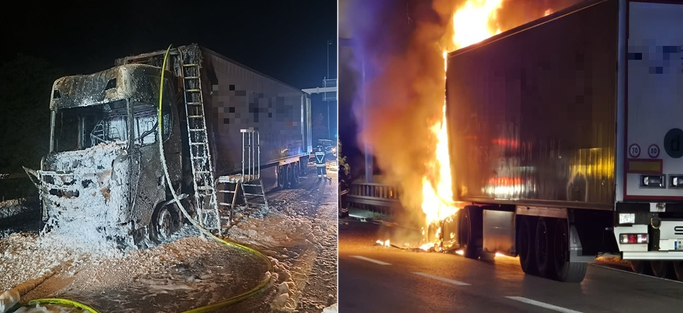 Le fiamme avvolgono e distruggono un camion, momenti di paura in A22 nella notte: vigili del fuoco in azione