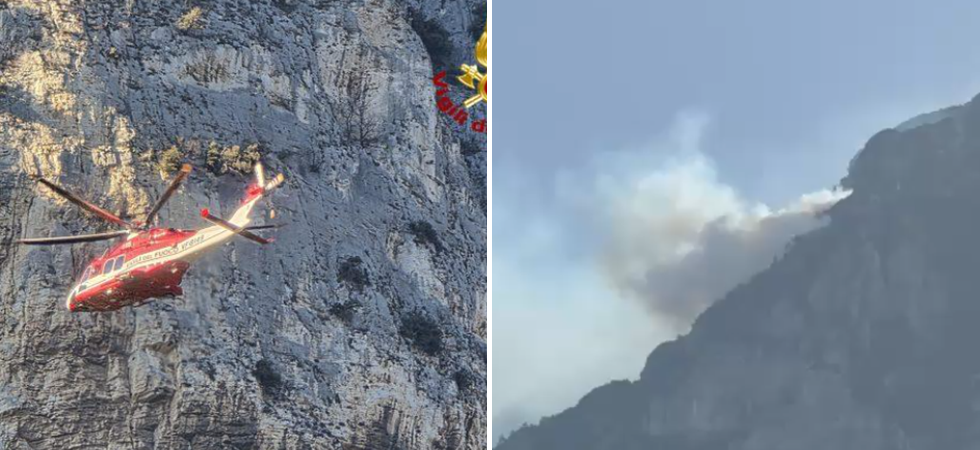 Fiamme e fumo sopra il lago di Garda: l'incendio si sta sviluppando in una zona impervia