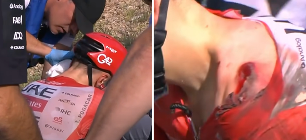 Foto Screenshot Video Eurosport Clamoroso alla Vuelta: spaventosa caduta per Pogacar che s'infortuna gravemente ed è costretto al ritiro