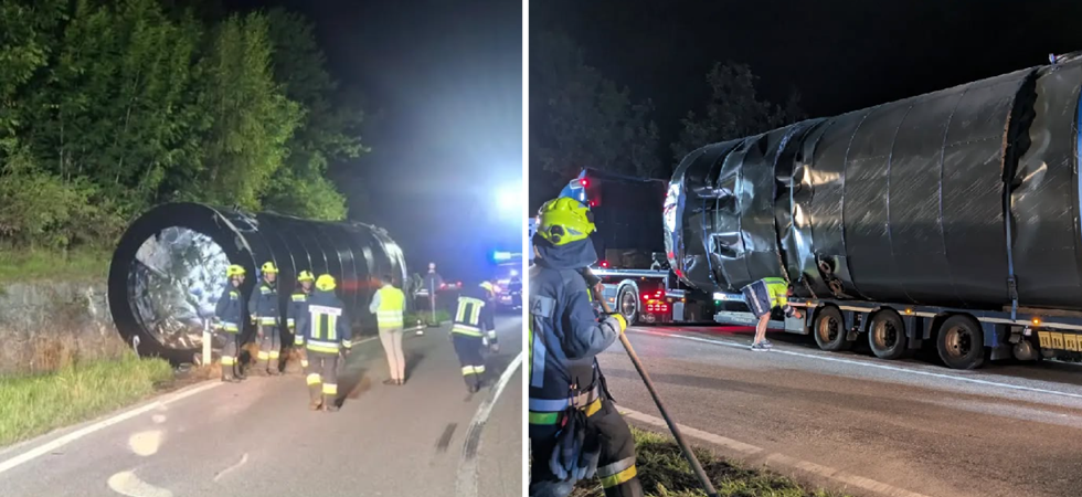 Il trasporto eccezionale perde il gigantesco serbatoio che trasportava, danni e disagi: ore di intervento per il recupero