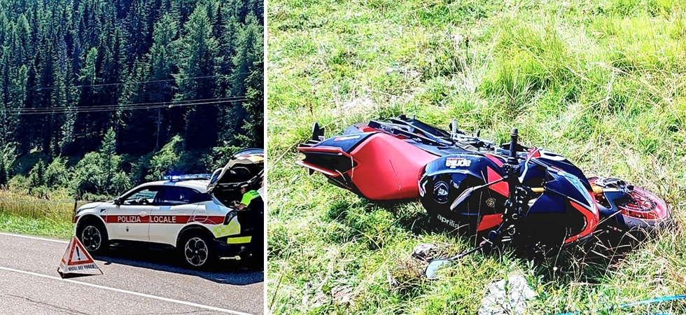 Violento scontro moto - auto in montagna: il centauro di 63 anni finisce nel prato