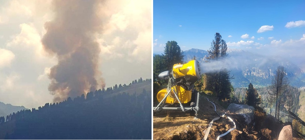 Anche il bacino d'innevamento degli impianti e i cannoni sparaneve per spegnere l'incendio sul Cermis