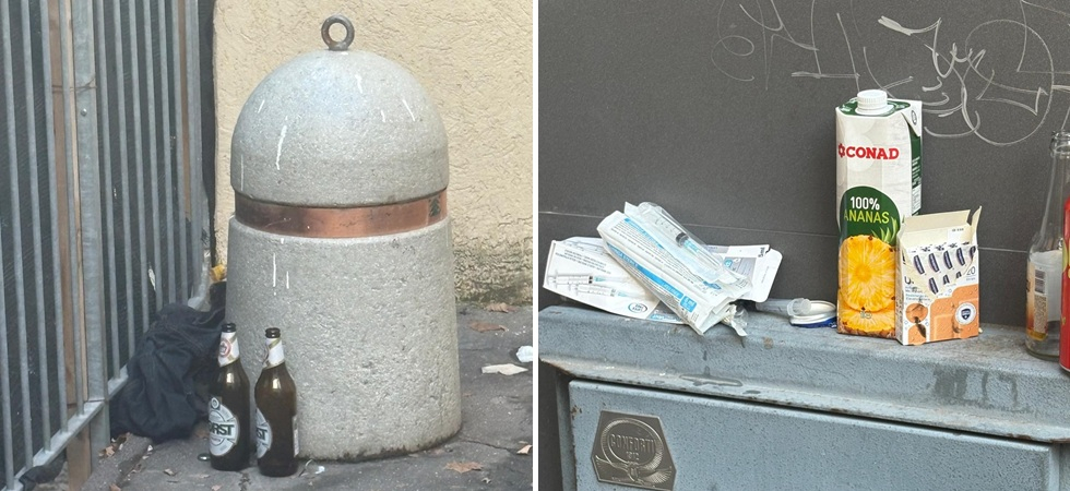 Odore di urina insopportabile, siringhe, bottiglie e indumenti abbandonati: il vicolo che porta al centro è un disastro