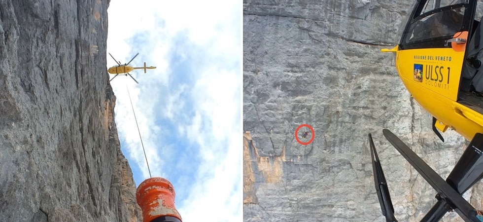 Vola in parete, resta agganciato, ma s'infortuna: spettacolare recupero di un alpinista sul Civetta