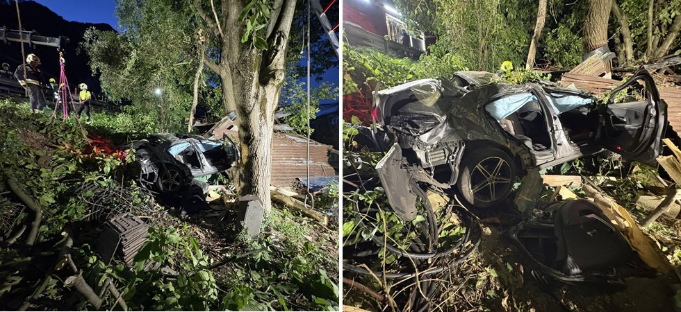 Foto vigili del fuoco Ora/Auer Spaventoso incidente sulla Statale: l'auto esce di strada, precipita in una scarpata e si ribalta due volte