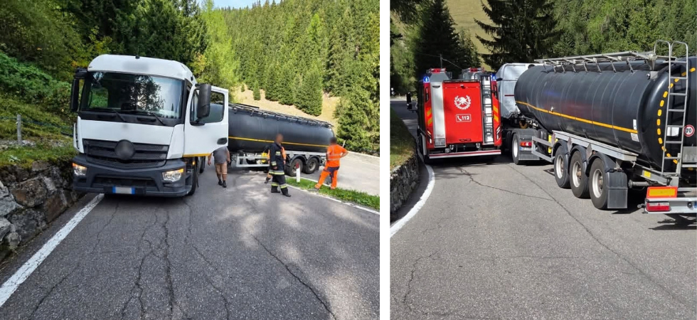Camion cisterna si incastra su un tornante della strada dello Stelvio