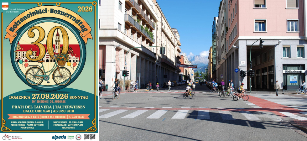Bolzanoinbici, 30 anni su due ruote: la città chiude al traffico domenica 27 settembre