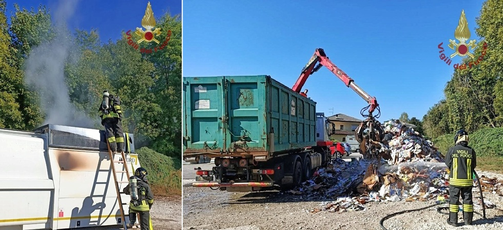 Incendio su un mezzo per la raccolta dei rifiuti: l’autista sgancia il compattatore di carta e salva la motrice