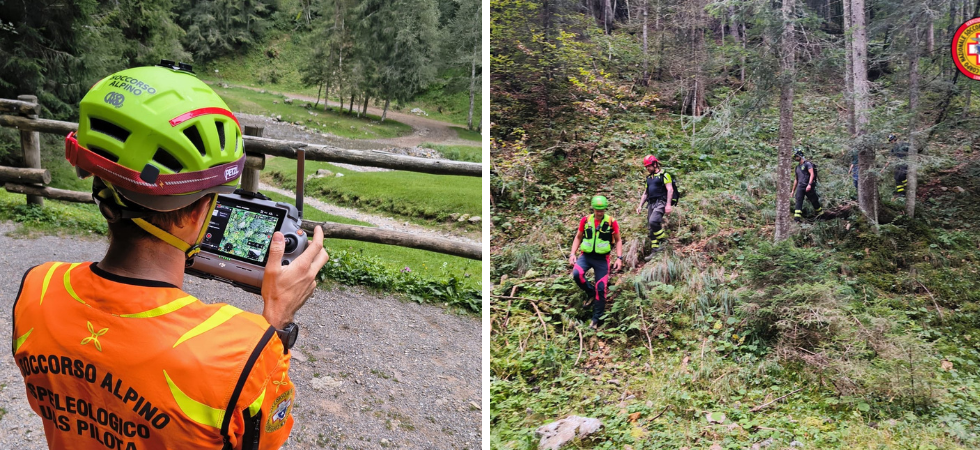 Con la termocamera del drone localizzano un escursionista in difficoltà nel bosco e lo rassicurano parlandogli