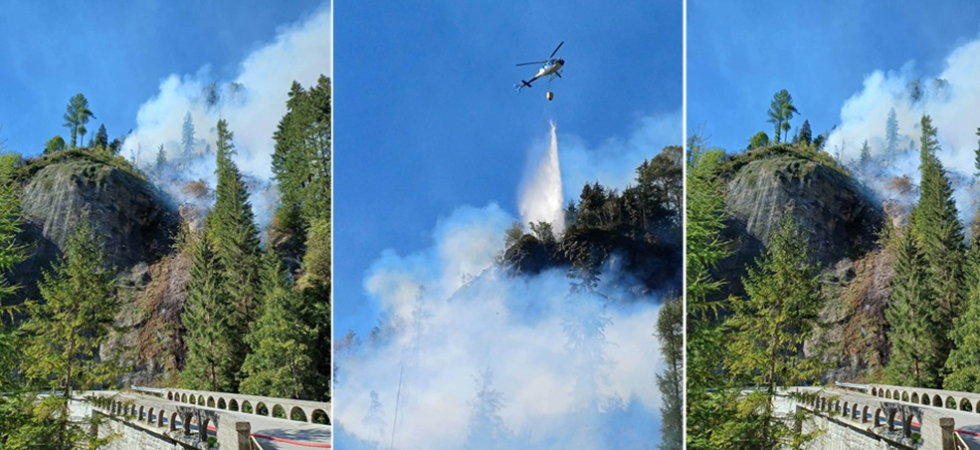 Una colonna di fumo e divampa un incendio nel bosco: strada chiusa