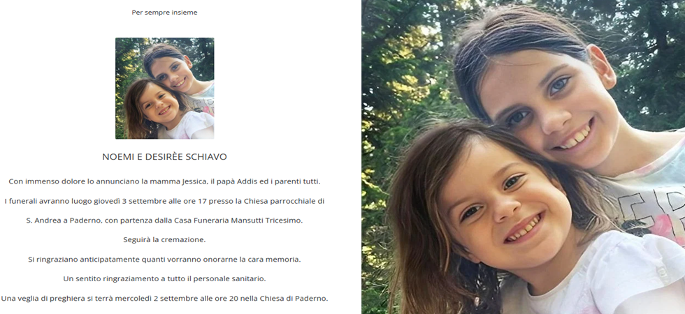 Per sempre insieme'', l'ultimo saluto alle due sorelline Noemi e Desirèe