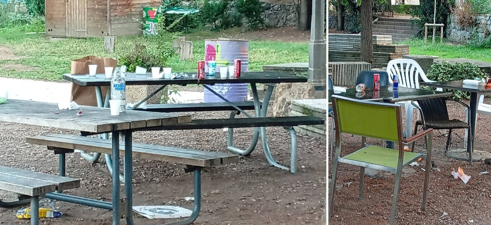 Foto gruppo Facebook Meran für Meraner Bottiglie e bicchieri abbandonati al parco