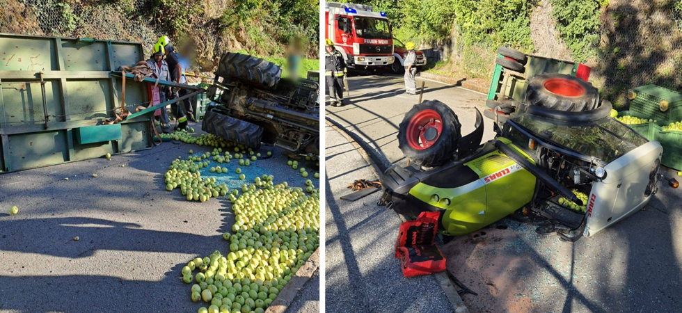 Sbaglia la curva e si ribalta: trattore perde il carico di mele sulla strada