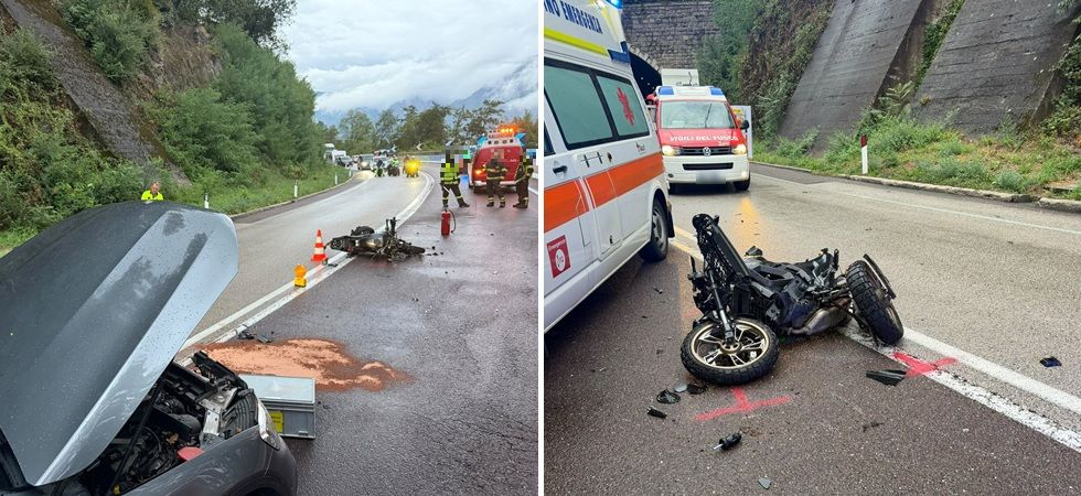 Violento frontale moto - auto sulla Valsugana: un 19enne trasportato in ospedale