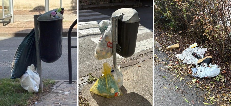 Rifiuti abbandonati in strada e cestini utilizzati come punti di raccolta