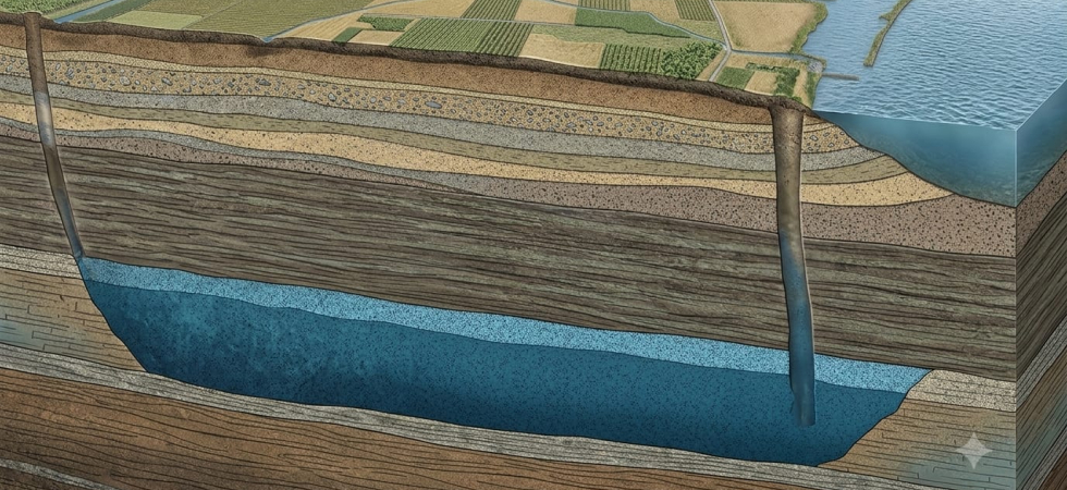 Foto generata da Ia (immagine a scopo esemplificativo, nella realtà l'acqua non forma una sacca ma impregna uno strato di sedimenti) Foto generata da Ia (immagine a scopo esemplificativo, nella realtà l'acqua non forma una sacca ma impregna uno strato di sedimenti)