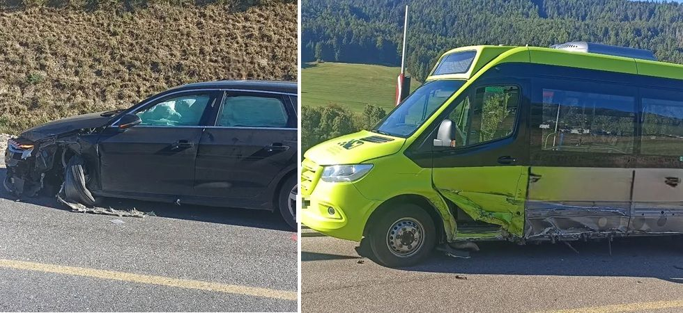 Foto Vigili del fuoco Perca/FF Percha Violento scontro sulla strada di montagna tra un pulmino e un'auto: un ferito