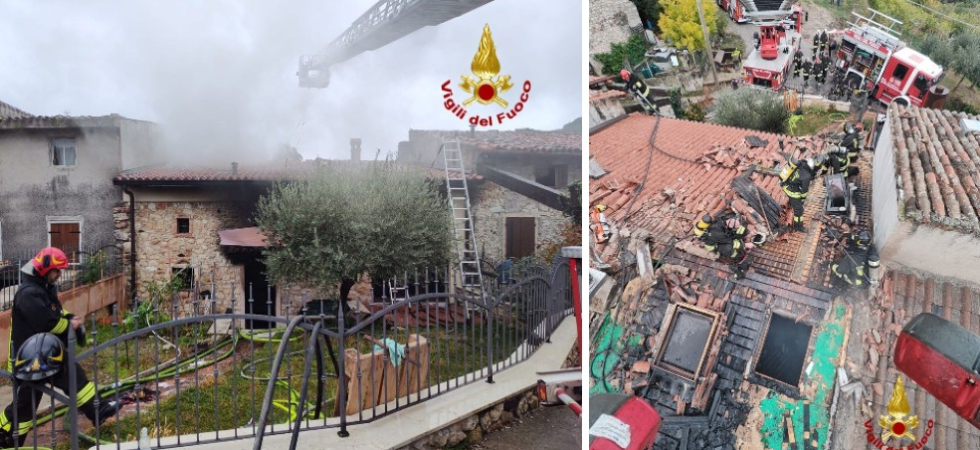 Fiamme e fumo, grosso incendio distrugge una casa in paese: in azione vigili del fuoco e soccorsi con l'elicottero