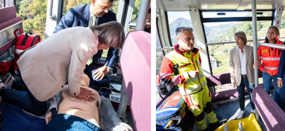 La lezione di rianimazione si fa in funivia: nei dodici minuti di corsa Croce Bianca e Croce Rossa insegnano come salvare