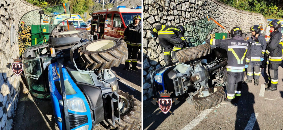 Trattore che trasporta legname si ribalta, paura sulla strada: un 74enne in ospedale