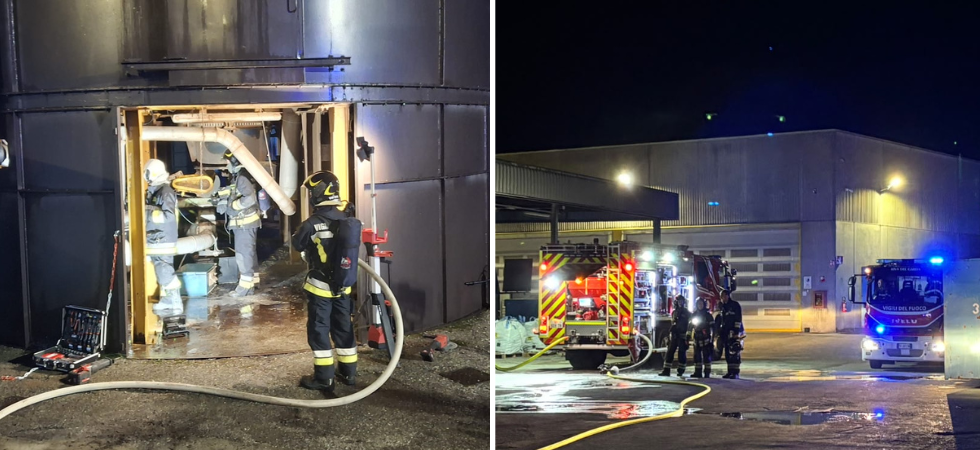 Fiamme nelle tubature che portano la segatura nei container, imponente intervento dei vigili del fuoco