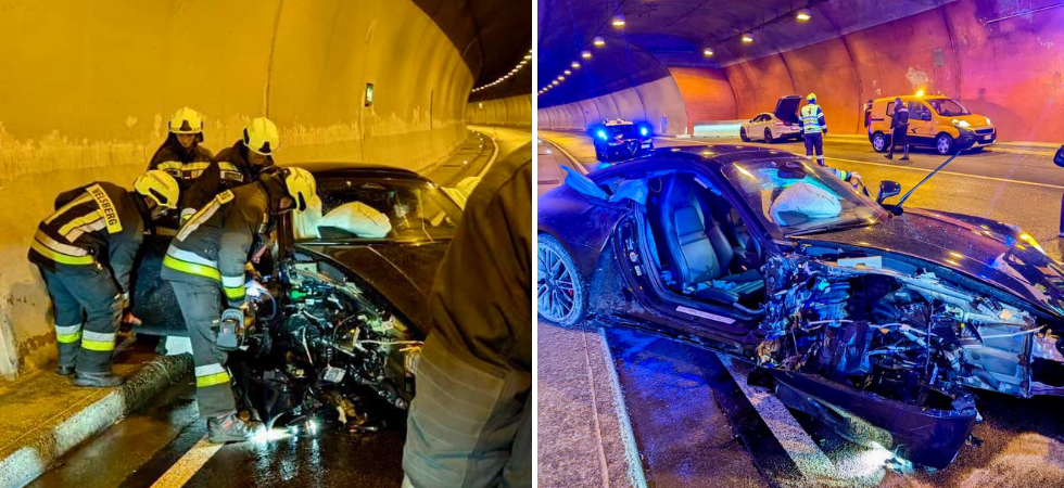 Auto sportiva si schianta in galleria, vigili del fuoco volontari in azione: due persone estratte dalle lamiere
