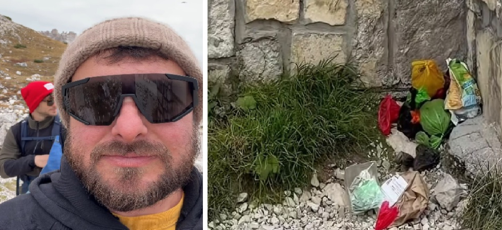 Una montagna di...sacchetti pieni di cacca di cane accumulati dietro alla chiesetta delle Tre Cime
