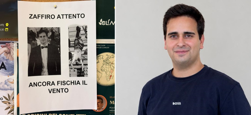 Il candidato di Azione universitaria ritratto con Mussolini a testa in giù