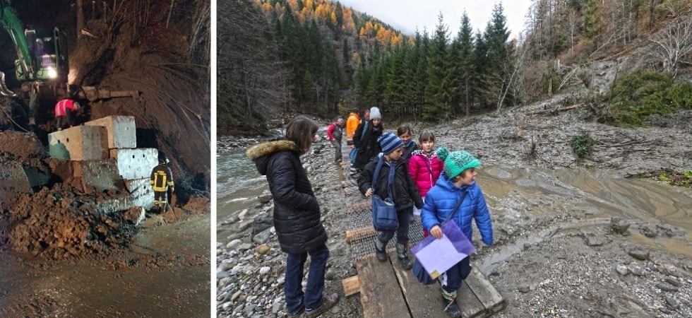 Foto a Destra, con i bambini sulla passerella, Luca Zanfron La frana e il torrente non fermano i bambini che a scuola ci vanno grazie alle ruspe e alla speciale passerella