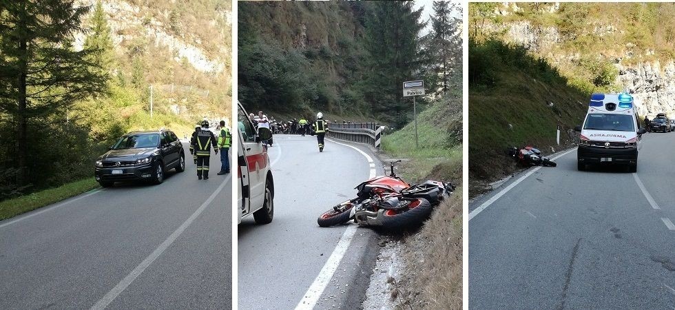 Urta lo specchietto dell'auto e sbatte violentemente sull'asfalto, grave un motociclista