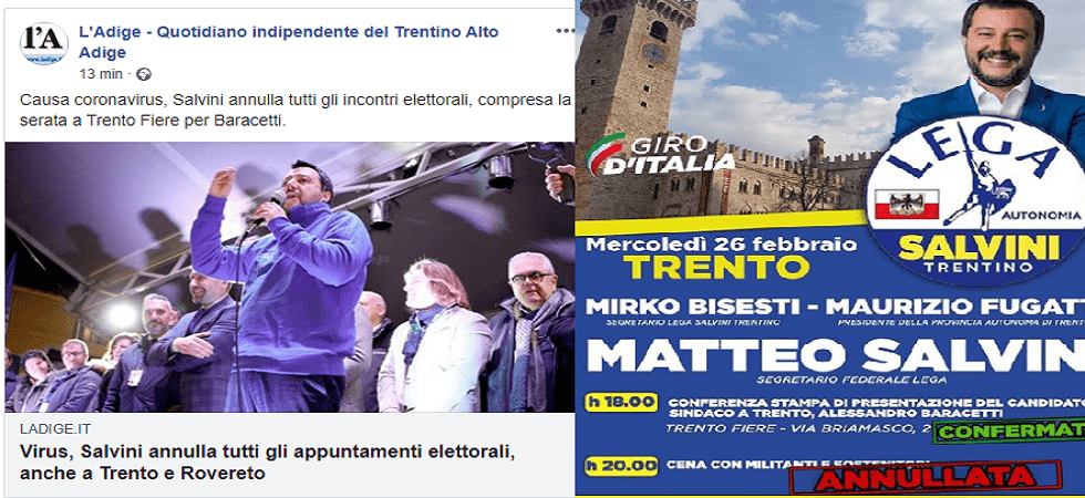 Coronavirus, Salvini ci sarà: annullata la cena con i militanti ma parteciperà alla presentazione dei candidati di Trento e