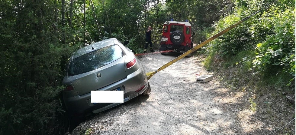 Esce di strada e rischia di ruzzolare nel bosco, salvato da cespugli e piante