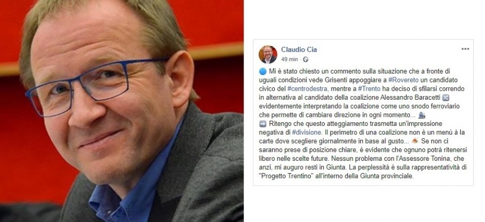Amministrative, la decisione di Grisenti fa discutere il centrodestra