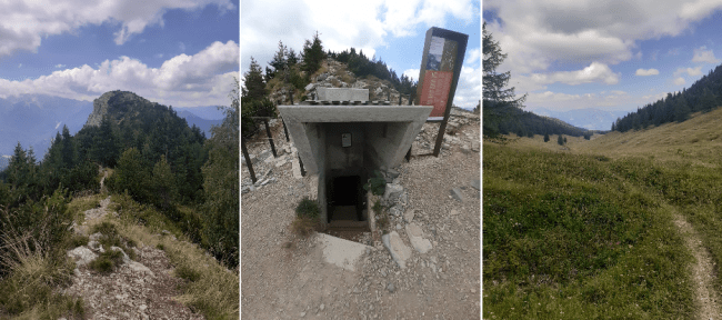 Da sx a dx: la vista del Corno dalla Selletta, l'ingresso della galleria sul Corno e la discesa verso malga Zocchi da Bocchetta di Foxi