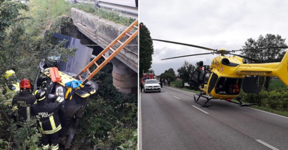 Il furgone di un corriere esce di strada e precipita da un ponticello ...
