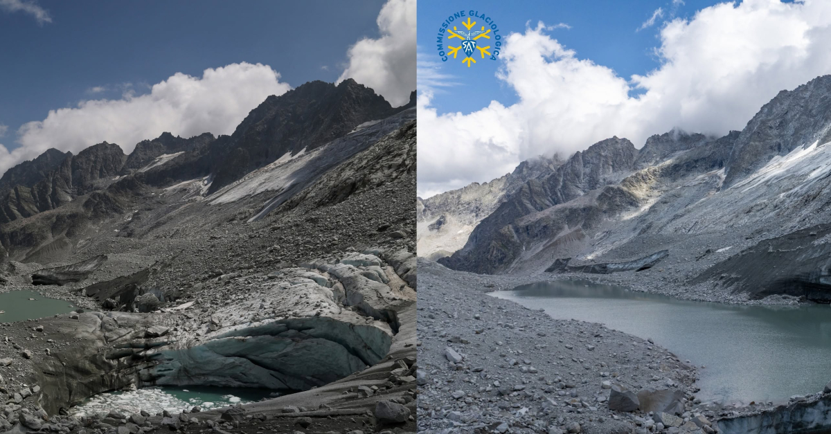 Due foto del ghiacciaio della Presanella, una del 2023 e una del 2026, mostrano un rapido ritiro del ghiacciaio in alta montagna