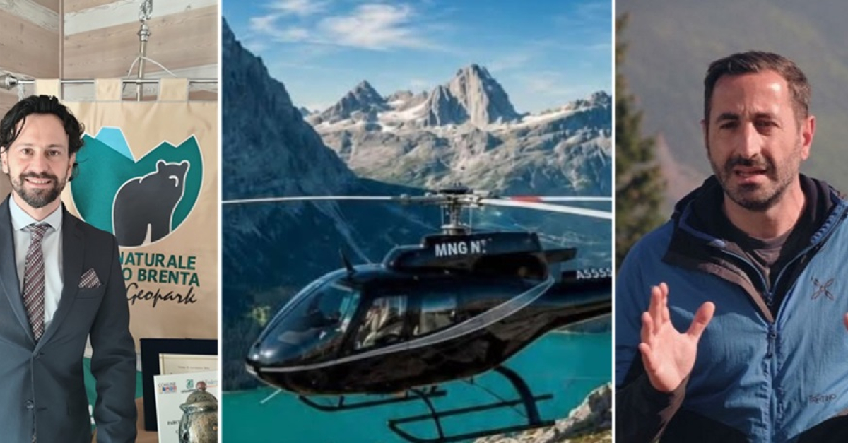 Elicotteri in volo sopra le Dolomiti, con un parco naturale e un'azienda turistica che si sfilano da un evento non autorizzato