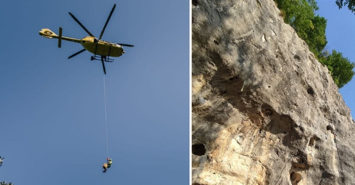 Gli scivola un piede mentre recupera i rinvii dalla parete e sbatte ...