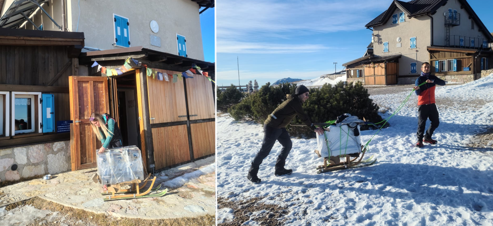 Si rompe la macchina del caffè in rifugio e quella nuova arriva con lo slittino