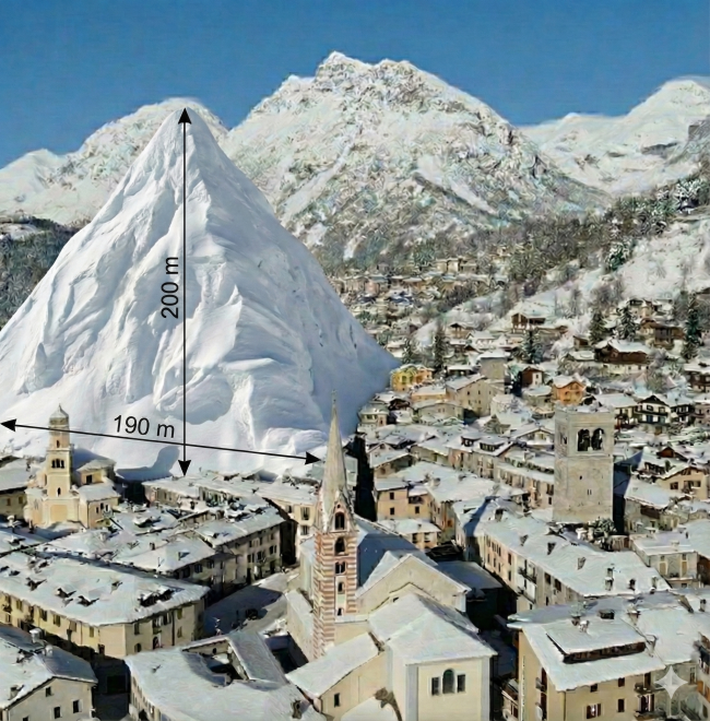 La piramide di neve artificiale comparata alla cittadina di Bormio. Fonte @occhio_del_gigiat