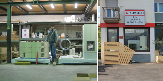 Patrizio Tapparelli all'interno del laboratorio di produzione, alle prese con l'assemblaggio di due stufe in maiolica e l'attuale ingresso della sala mostra