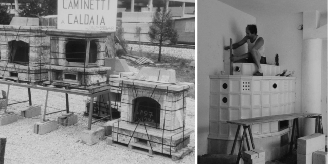 La prima esposizione di caminetti artistici, nel 1980 e stufa trentina in maiolica installata da Roberto Tapparelli nel 1985