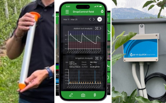 Da sinistra i sensori a colonna che analizzano umidità e temperatura nel terreno, l'App sviluppata da WiseConn e il nodo di controllo e monitoraggio delle valvole