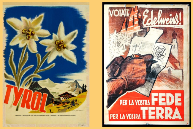 A sinistra, un'opera di Franz Schwetz (circa 1950); a destra un manifesto propagandistico realizzato da Lenhart nello stesso periodo