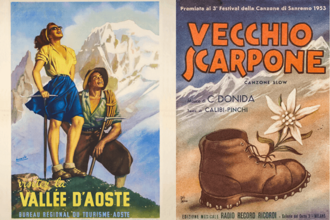 A sinistra, manifesto promozionale della Valle d'Aosta (Gino Boccasile, 1950); a destra, "Vecchio scarpone", edizioni musicali Ricordi (1953)