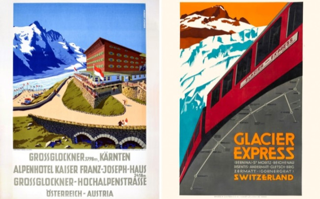 Grossglockner (Hubert Lechner, 1930 - 1940), a sinistra e Glacier Express (Bernina - Andermatt, Zermatt, St Moritz, ca 1930 - 1933) a destra